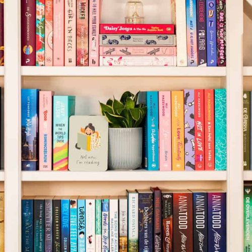 Deel uit de boekenkast, gevuld met boeken, een plant en kaartje